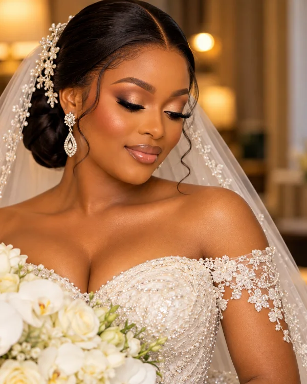 Bride with soft glam makeup, pearl hair pins, a long veil and a white bouquet
