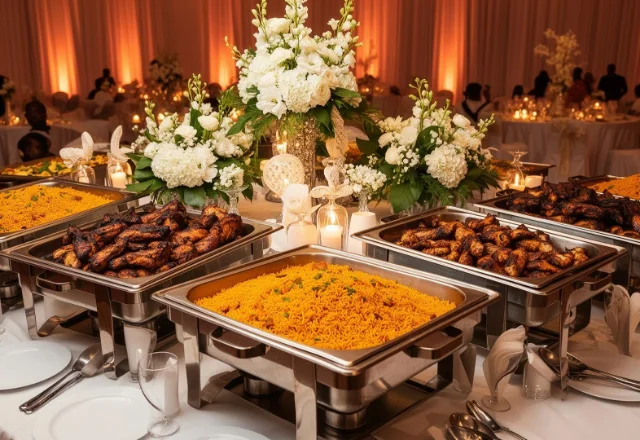 Wedding catering buffet of jollof rice and grilled chicken with white flowers and candles