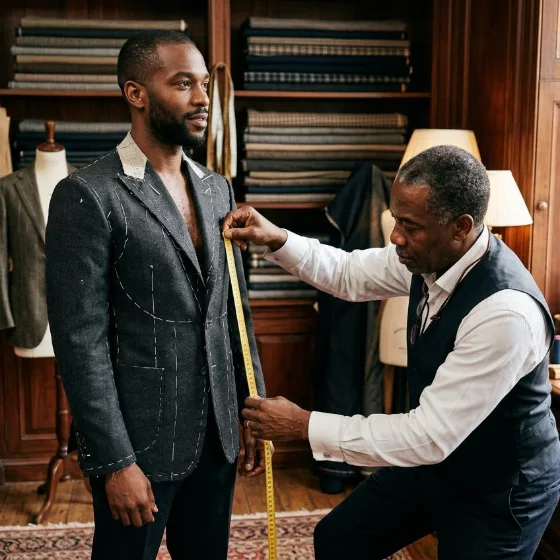 Tailor measuring a client for a bespoke jacket in a wood-panelled atelier